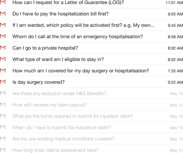 A screenshot of a gmail message discussing group health insurance and employee benefits in Singapore.