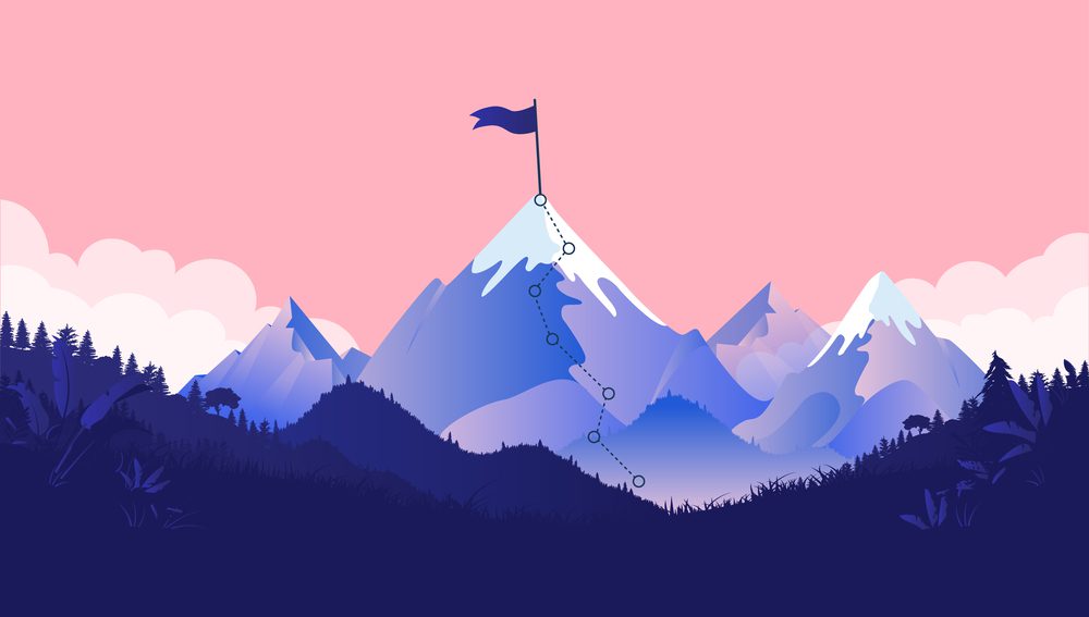 Path to mountain summit with snow and flag on top. Coral coloured background, forest and clouds. Business goals, achievement and challenge concept